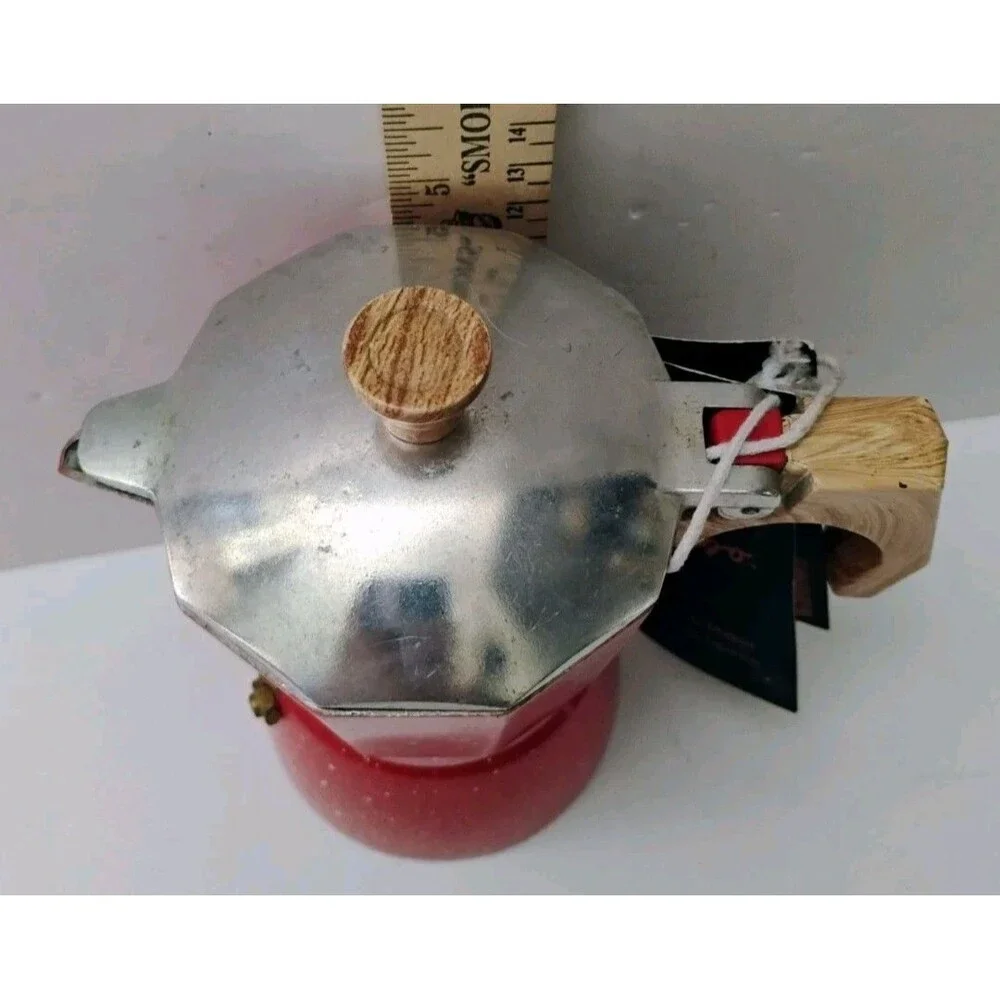 Cibo Stovetop Espresso Maker 3 Cup Red Speckled Moka Pot Wood Handle 6